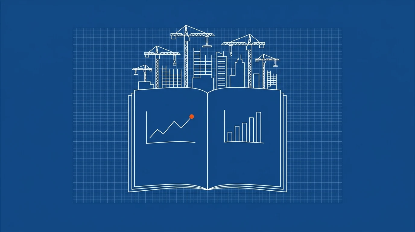 Blueprint-style illustration of an open report with charts and a crane skyline behind it