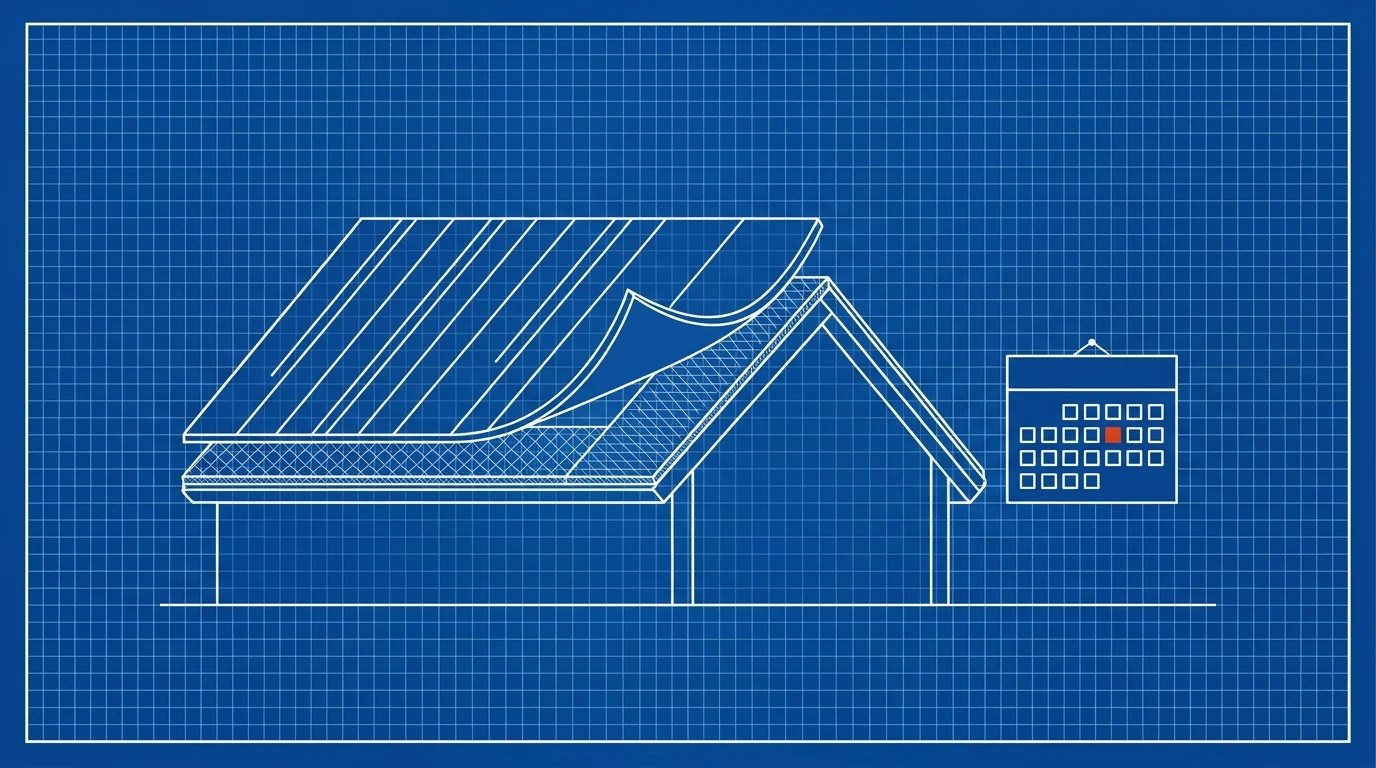 Blueprint-style illustration of a house cross-section with the top roof layer lifting off the insulation, beside a calendar with one day marked