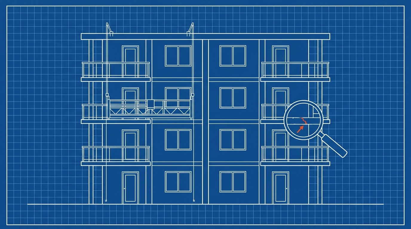 Blueprint-style illustration of a condominium elevation with stacked balconies, a swing-stage scaffold and a magnifying glass over one balcony slab edge
