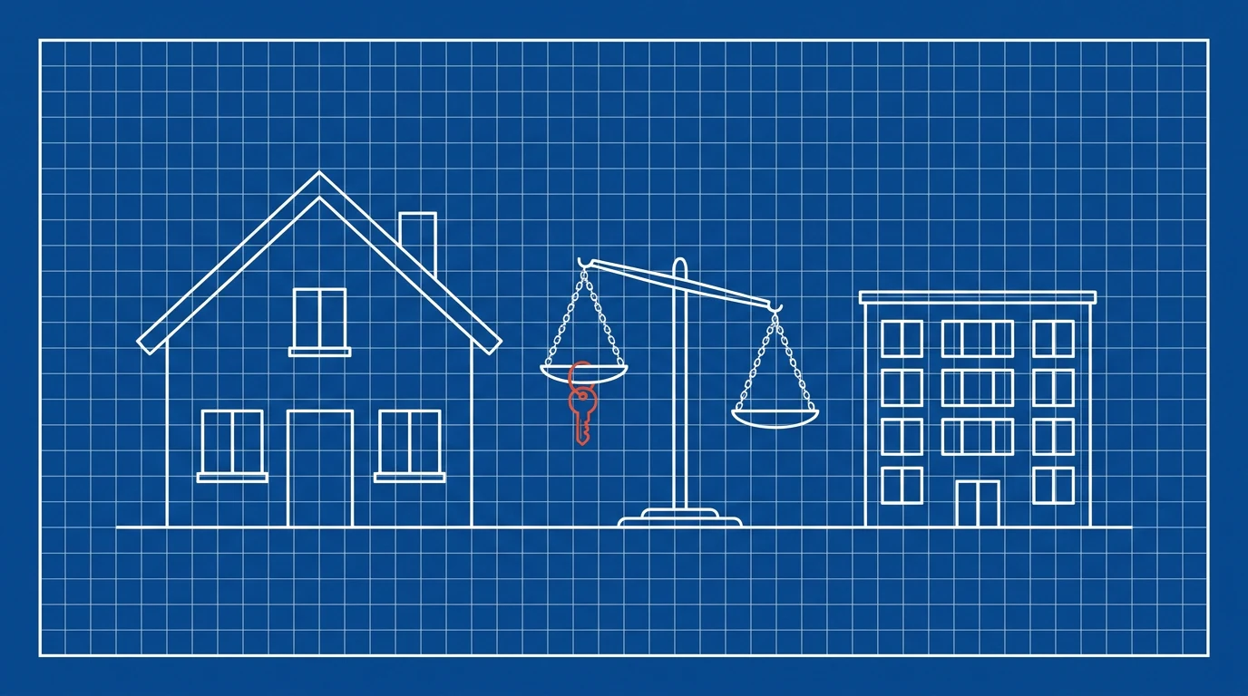 Blueprint-style illustration of a house and a mid-rise condo building on one ground line with a balance scale between them, a small orange key hanging from the house side
