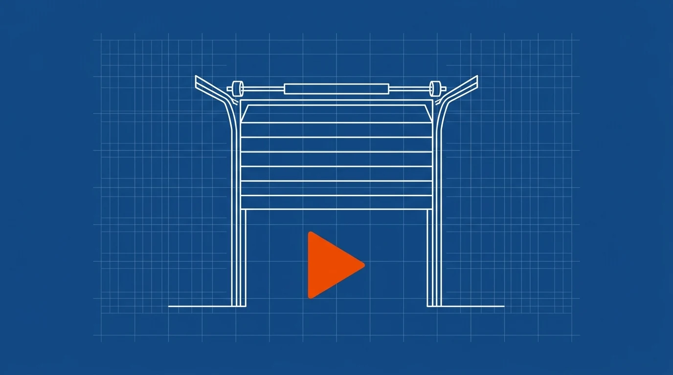 Blueprint-style illustration of a garage door half-raised with a play-button triangle beneath it
