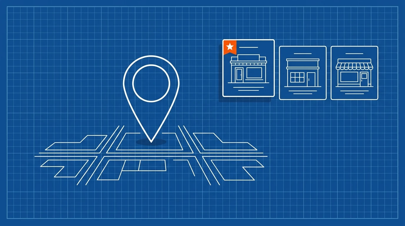Blueprint-style illustration of a map pin over a street grid with three business cards, one raised
