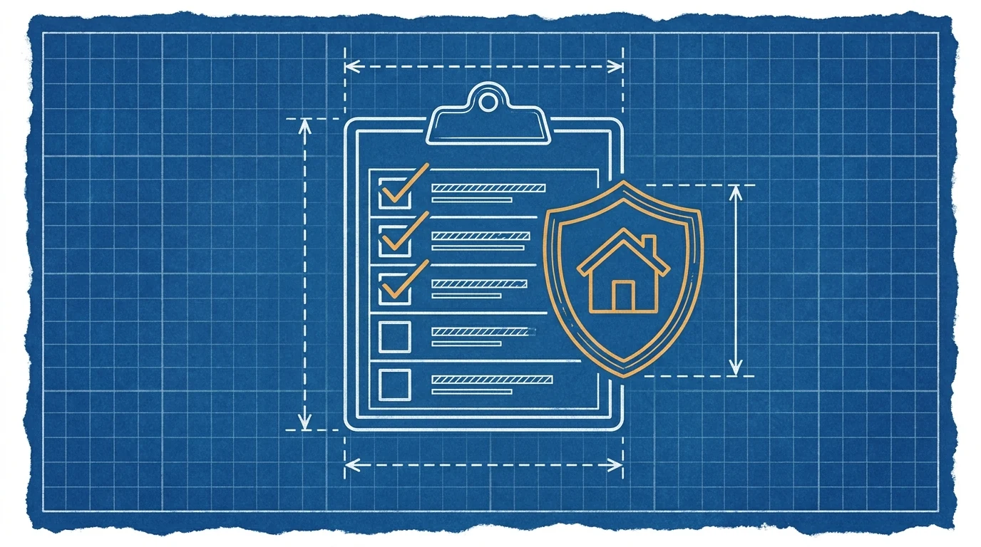 Blueprint-style illustration of a builder's guarantee menu card with tiered line items, three checked in orange, and a shield emblem