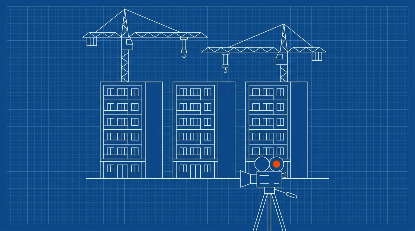 Blueprint-style illustration of apartment blocks and cranes with a cinema camera in the foreground