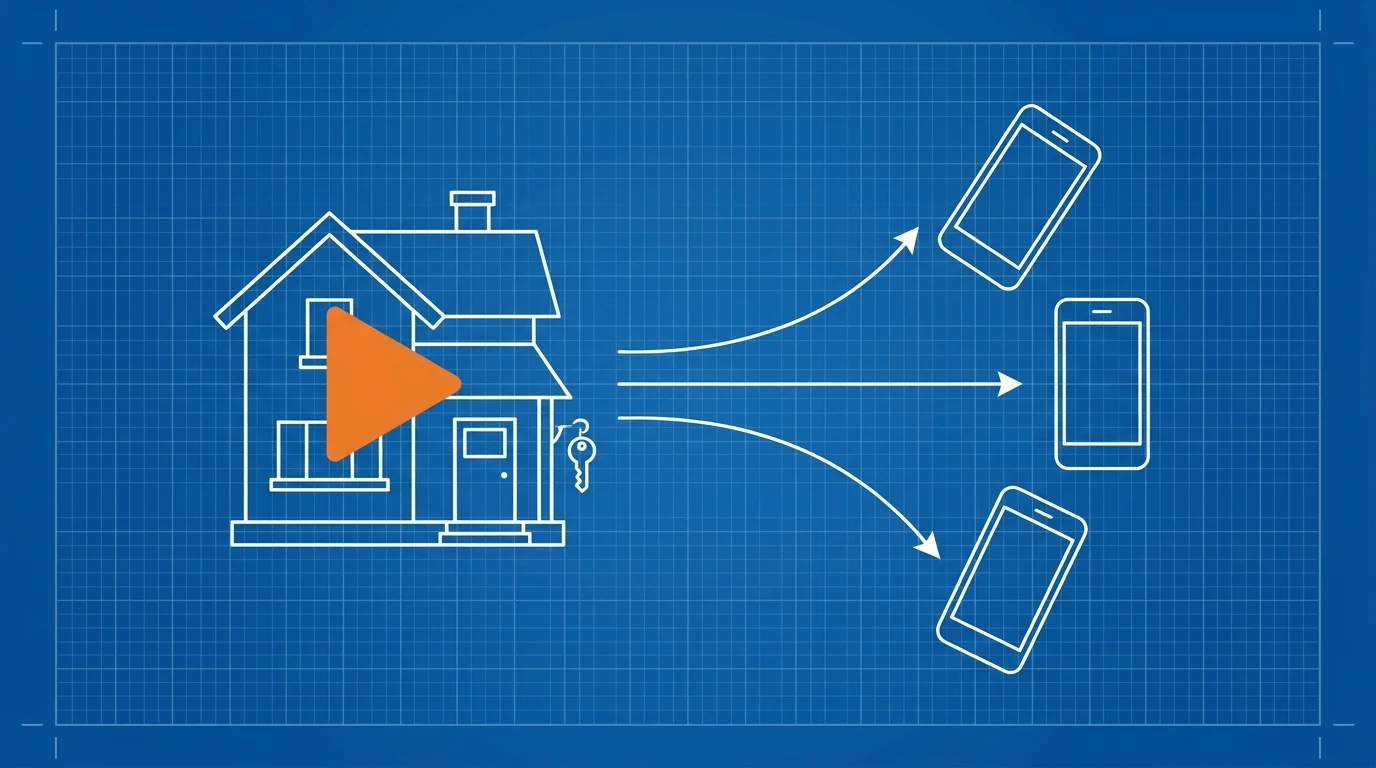 Blueprint-style illustration of a finished house with a key on a ring and an orange play button, three arrows carrying the film outward to three phones