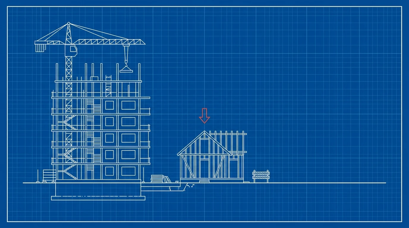 Blueprint-style illustration of a mid-rise apartment building with a crane beside a small house frame on one ground line, a small orange arrow pointing down above the house