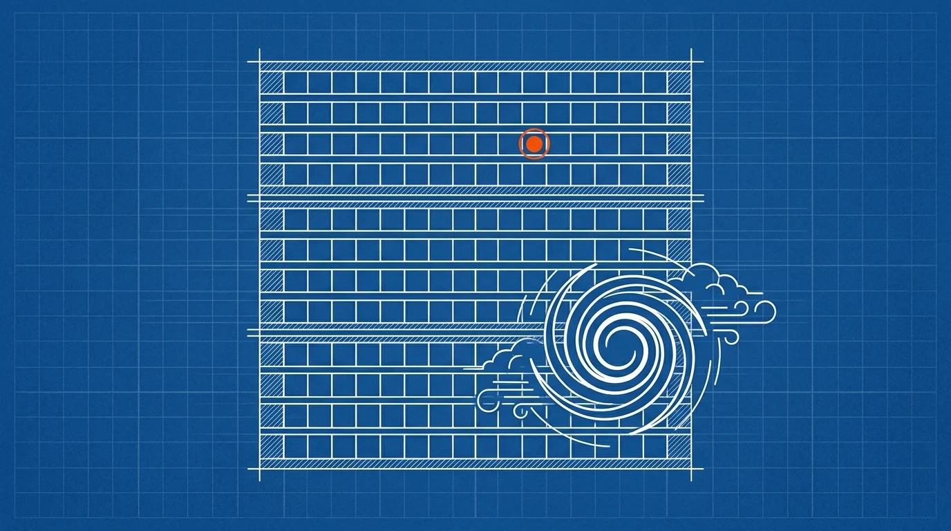 Blueprint-style illustration of a wall calendar with a hurricane spiral symbol hovering over the late-summer rows