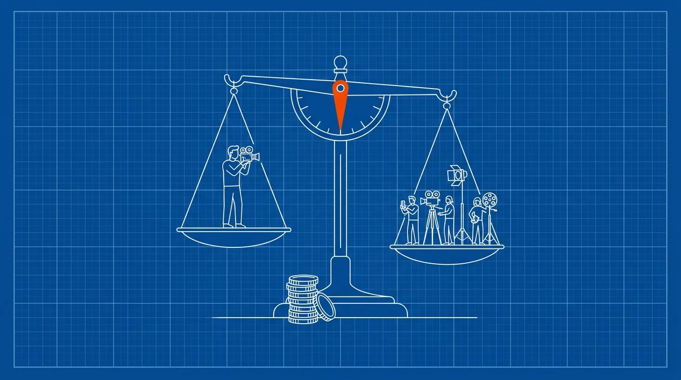 Blueprint-style illustration of a balance scale weighing one camera operator against a crew