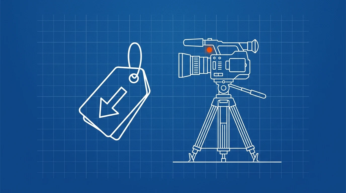 Blueprint-style illustration of a price tag with a downward arrow beside a steady video camera on a tripod