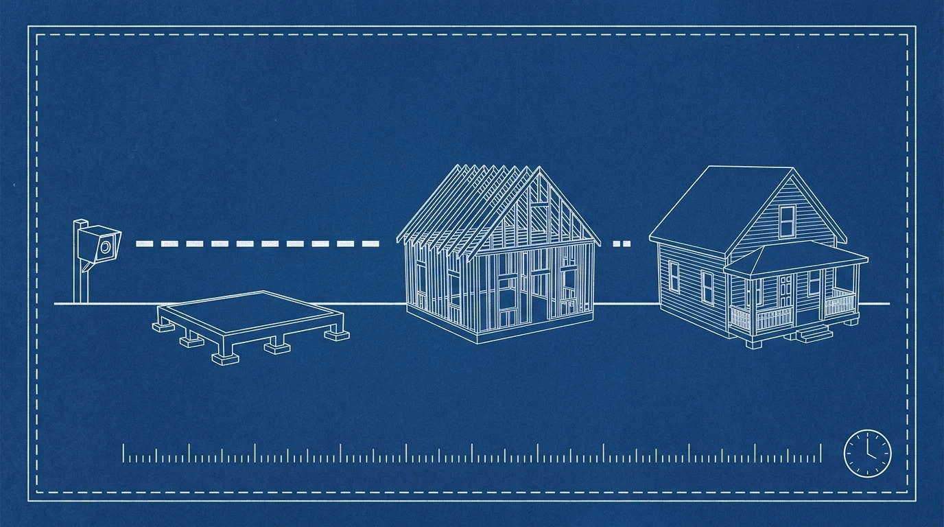 Cyanotype blueprint-style illustration of a fixed camera on a post with a dashed sightline running past the same house drawn three times — slab, framed, finished — over a row of interval tick marks