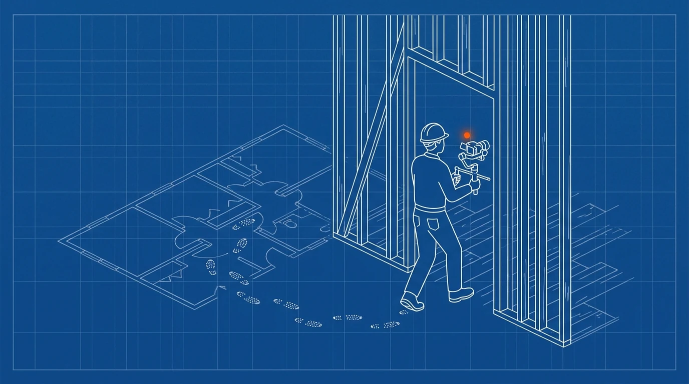Blueprint-style illustration of a camera operator walking a framed doorway, dotted path behind