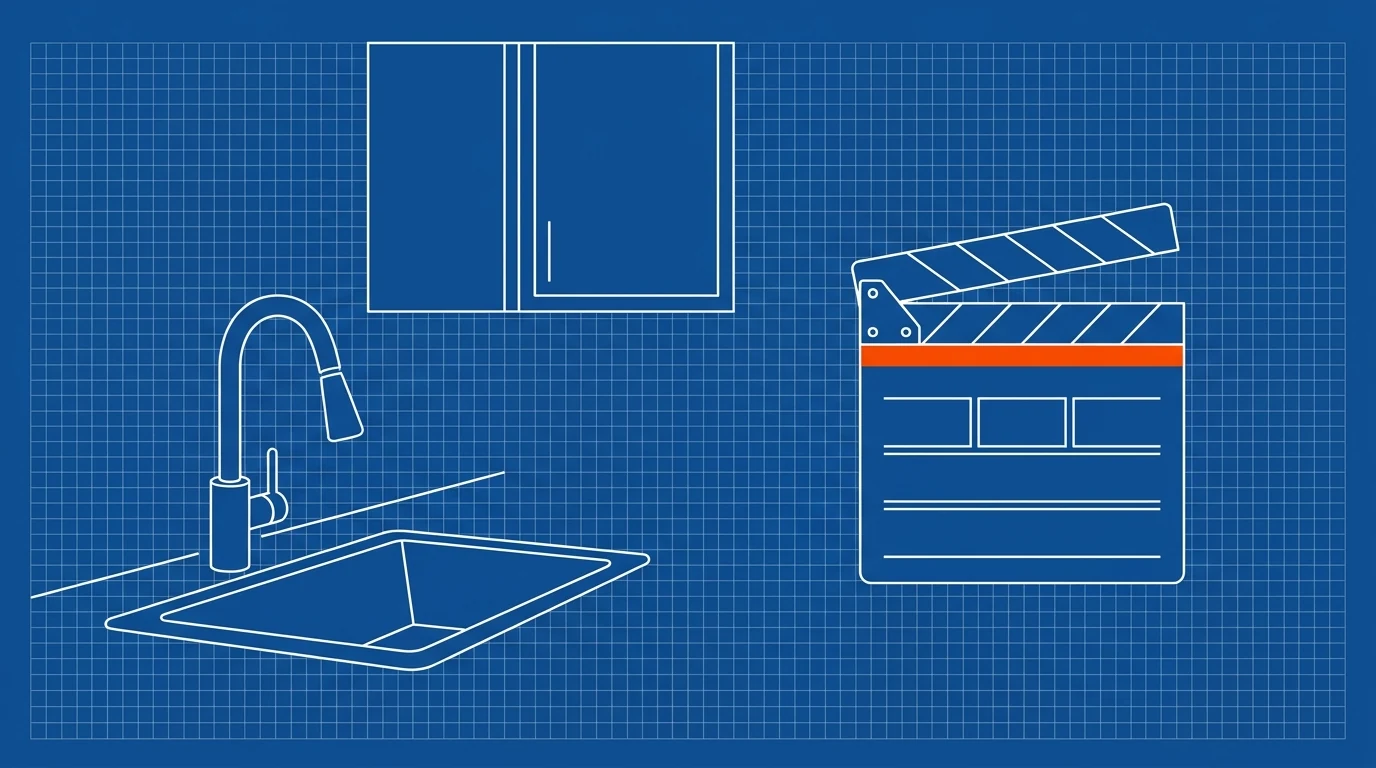 Blueprint-style illustration of a kitchen sink and cabinet beside a film clapperboard