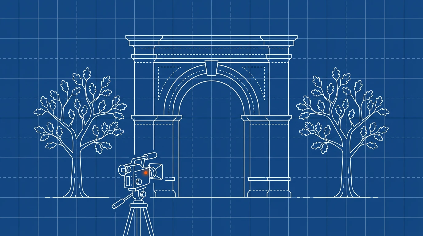 Blueprint-style illustration of a gated boulevard arch with a small camera set up outside it