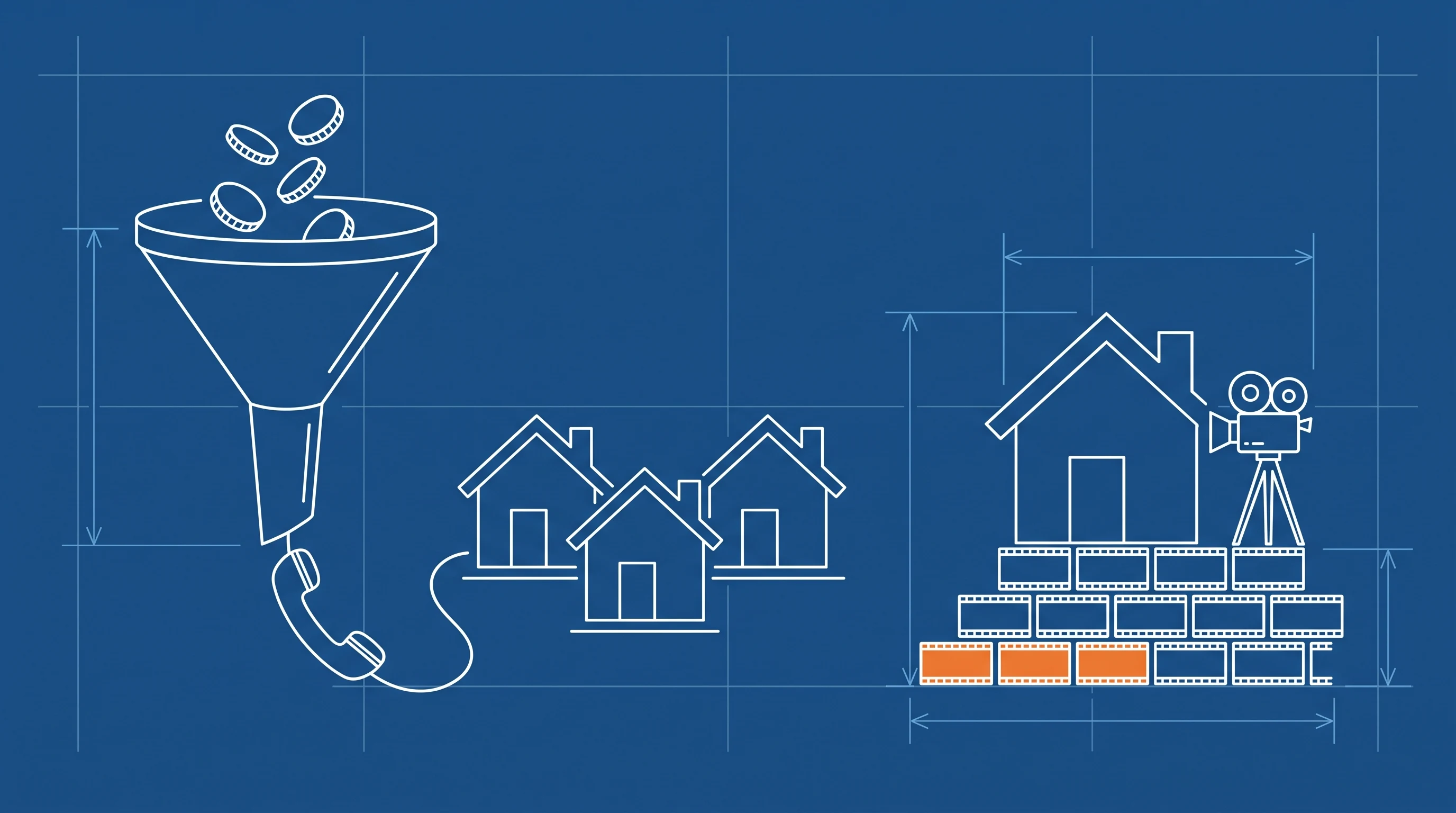 Blueprint-style illustration of a funnel turning coins into a single phone call that trails off toward three competing houses, beside one house resting on a foundation of film-frame bricks with a camera on a tripod