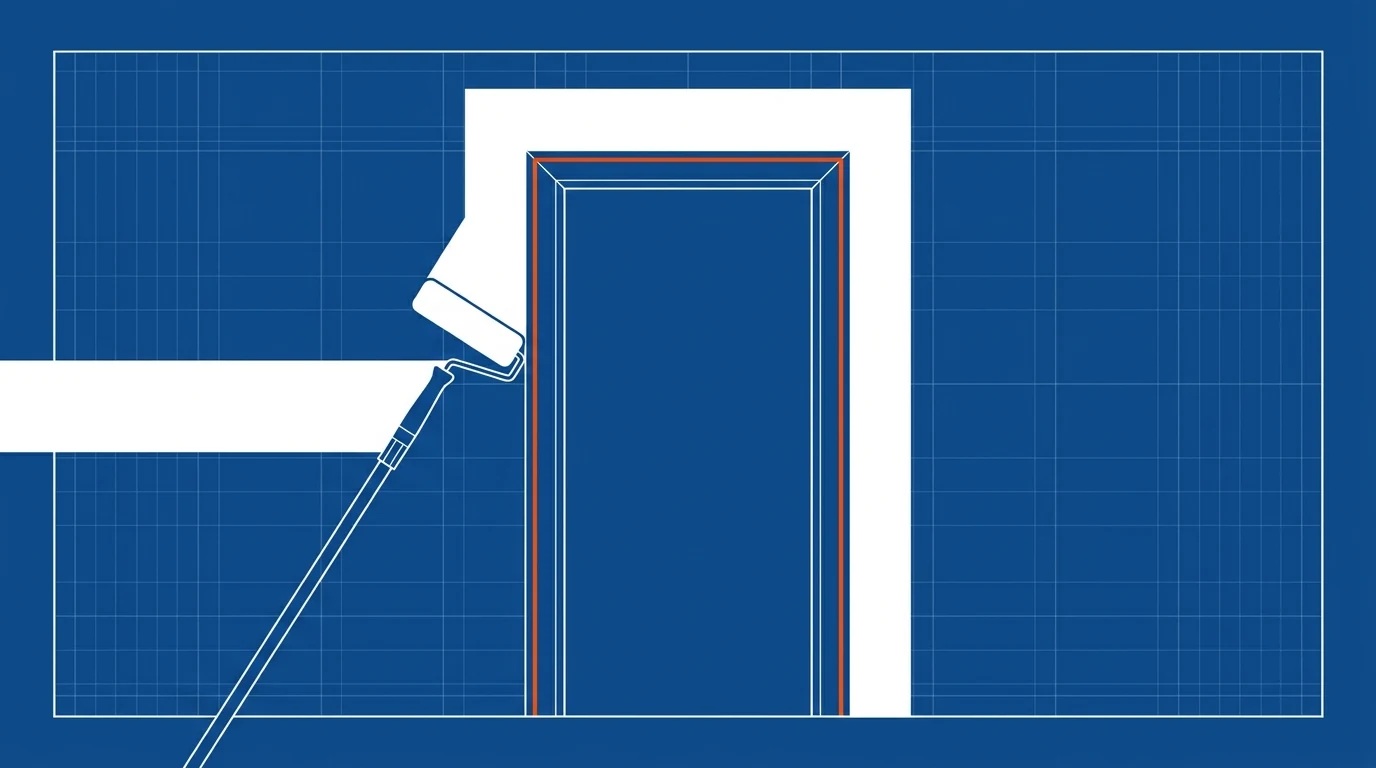Blueprint-style illustration of a paint roller drawing a clean stripe that frames a doorway