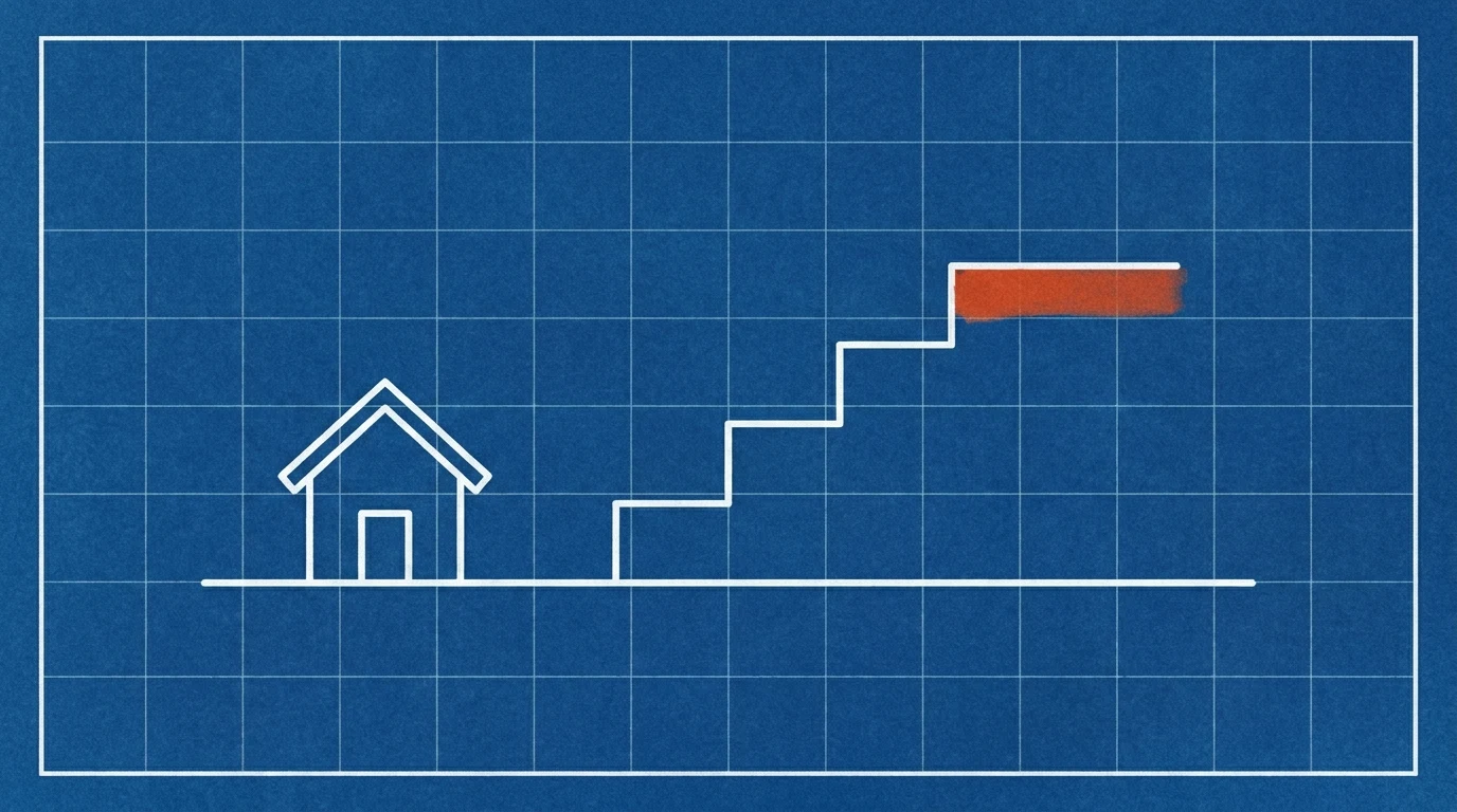 Blueprint-style illustration of a small house beside a staircase rising to the right, the top step marked in orange