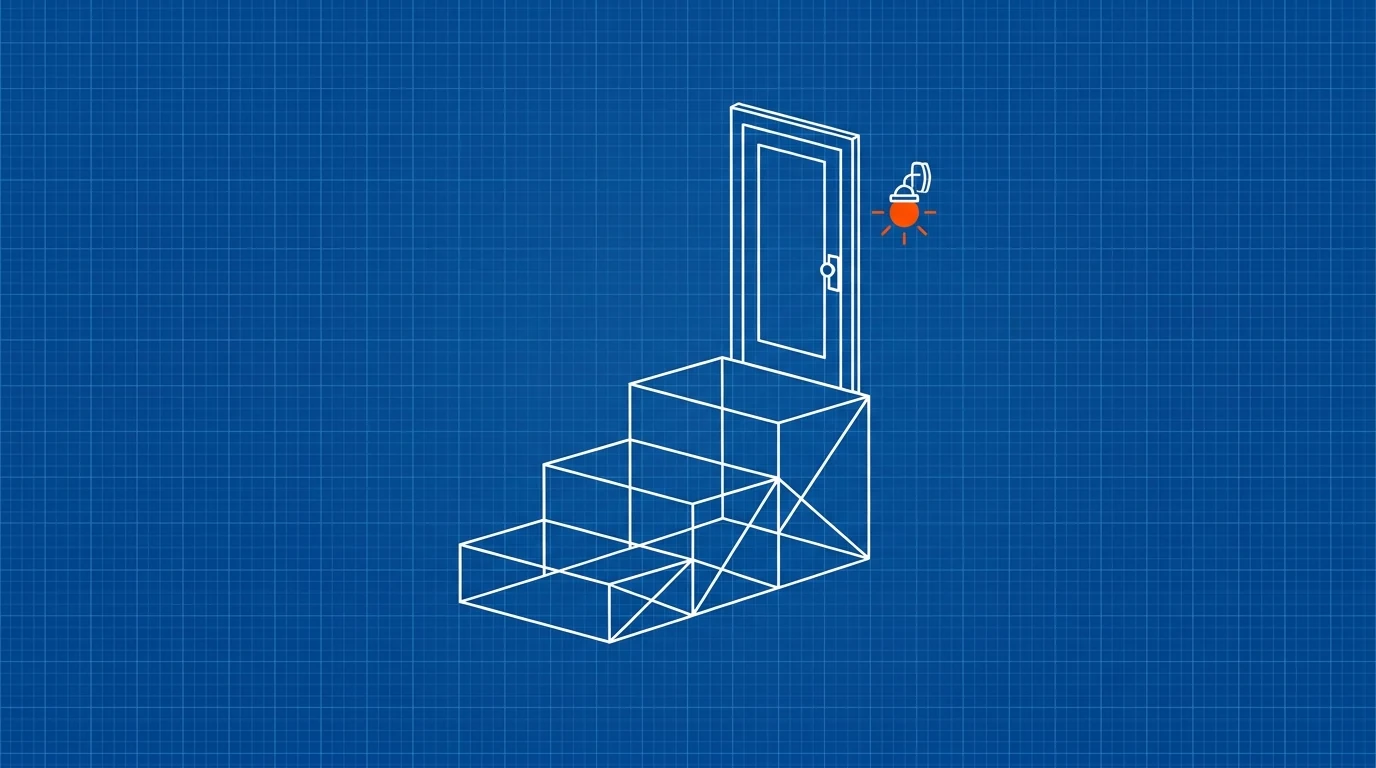 Blueprint-style illustration of three ascending stair blocks leading to a front door