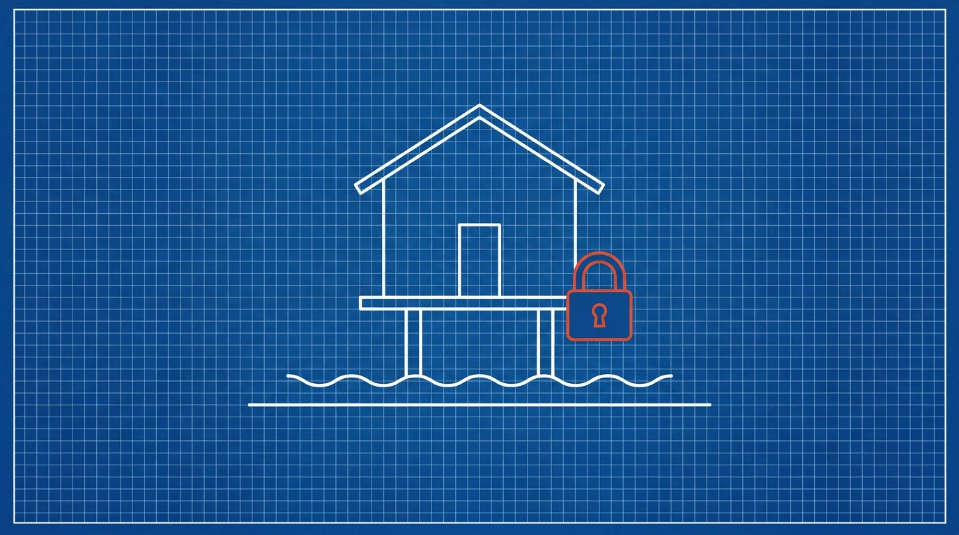 Blueprint-style illustration of an elevated house on pilings above water with a padlock beside it