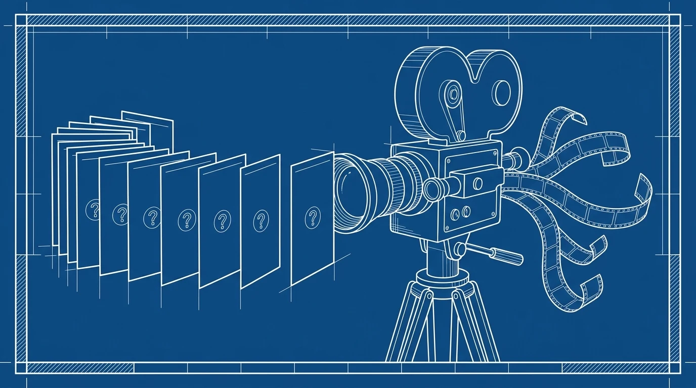 Blueprint-style illustration of ten objection cards feeding into a camera and coming out as short films
