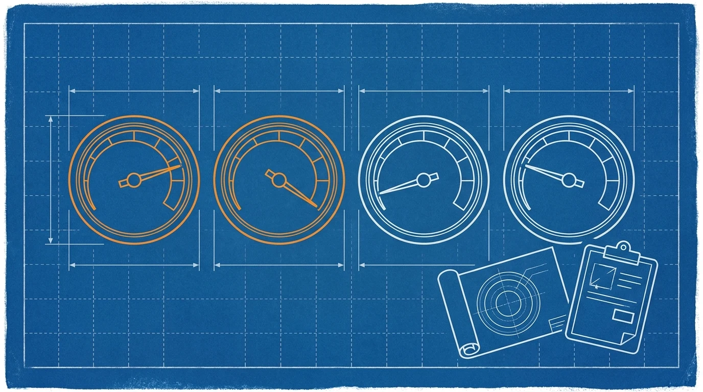 Blueprint-style illustration of four gauge dials, two turned up in orange, beside a rolled plan and an estimate clipboard
