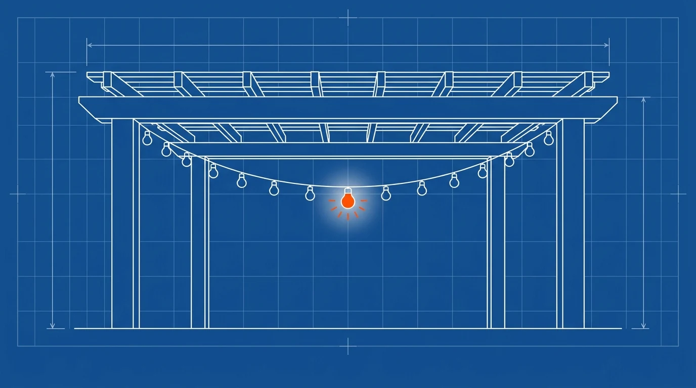 Blueprint-style illustration of a pergola with a string of small lights, one bulb glowing