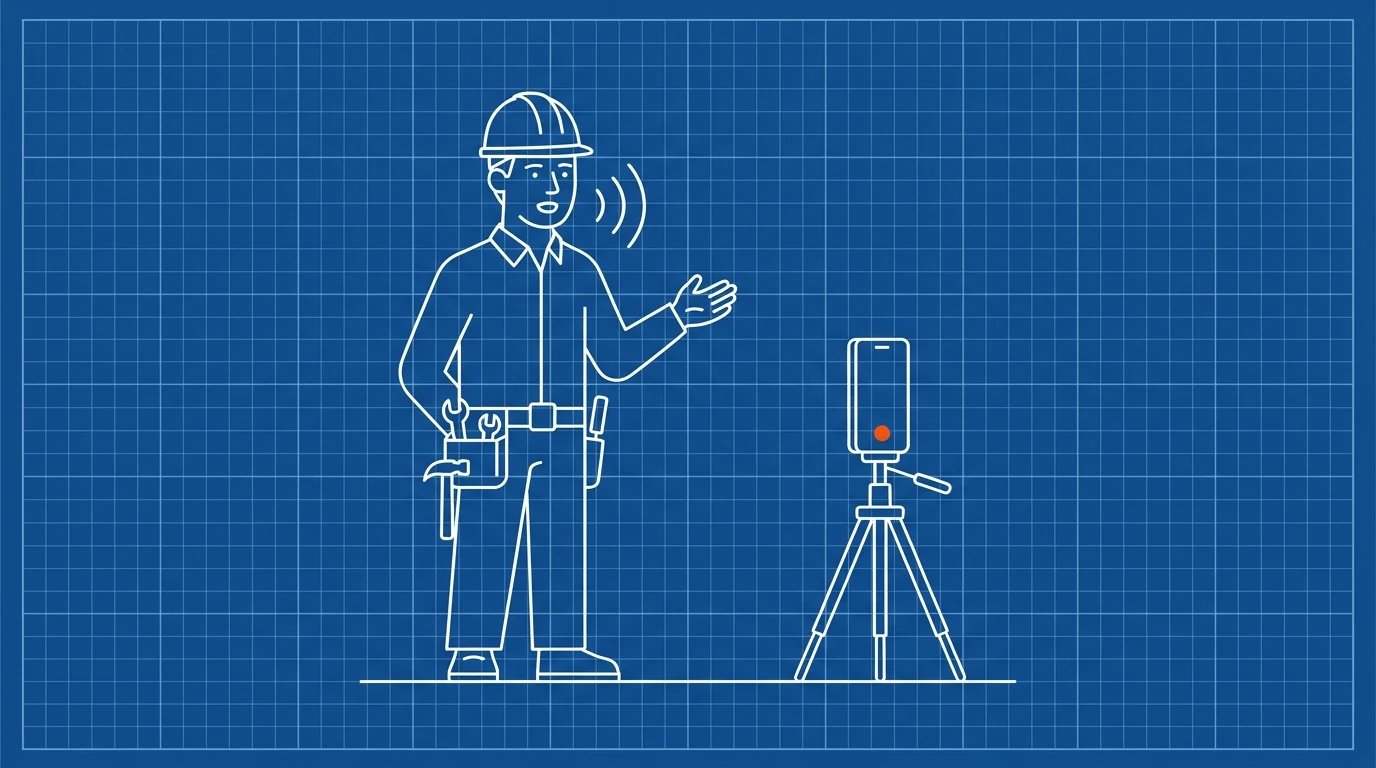 Blueprint-style illustration of a builder speaking to a phone on a small tripod