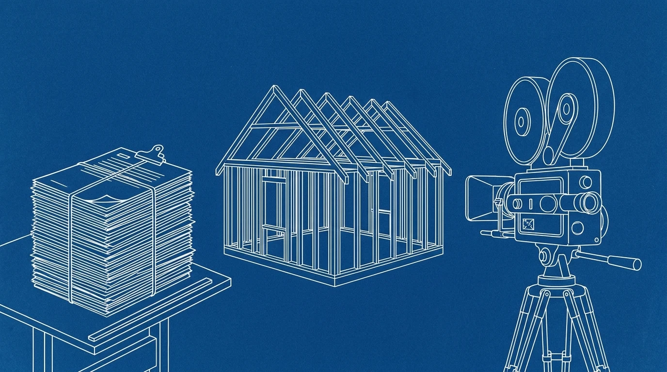 Cyanotype blueprint-style illustration of a stack of permit paperwork, a framed house, and a cinema camera on a tripod