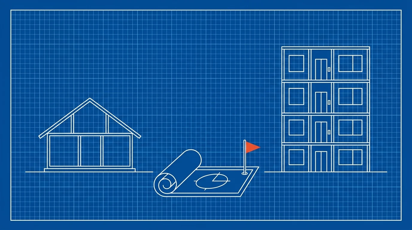 Blueprint-style illustration of a house frame and an apartment building frame on one ground line, with a rolled site plan and a flagged survey stake between them