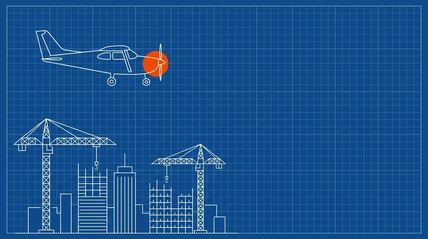 Blueprint-style illustration of a small aircraft flying over a crane skyline