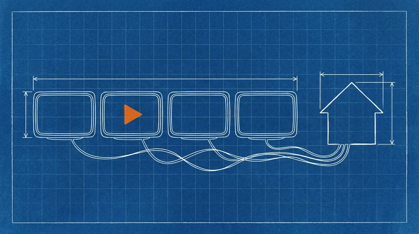 Cyanotype blueprint-style illustration of four blank platform screens wired to a simple outlined house