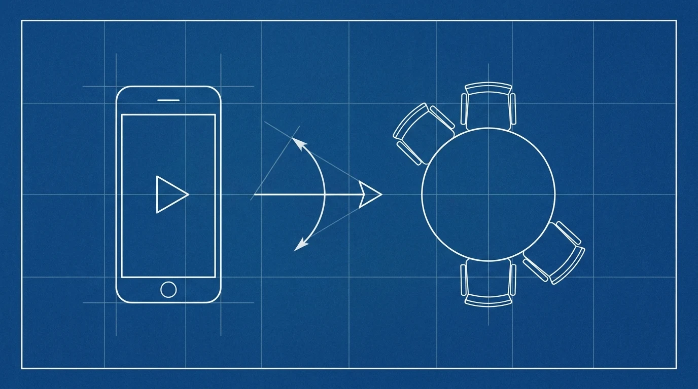 Blueprint-style illustration of a phone screen with a play symbol connected by an arrow to a two-chair consultation table