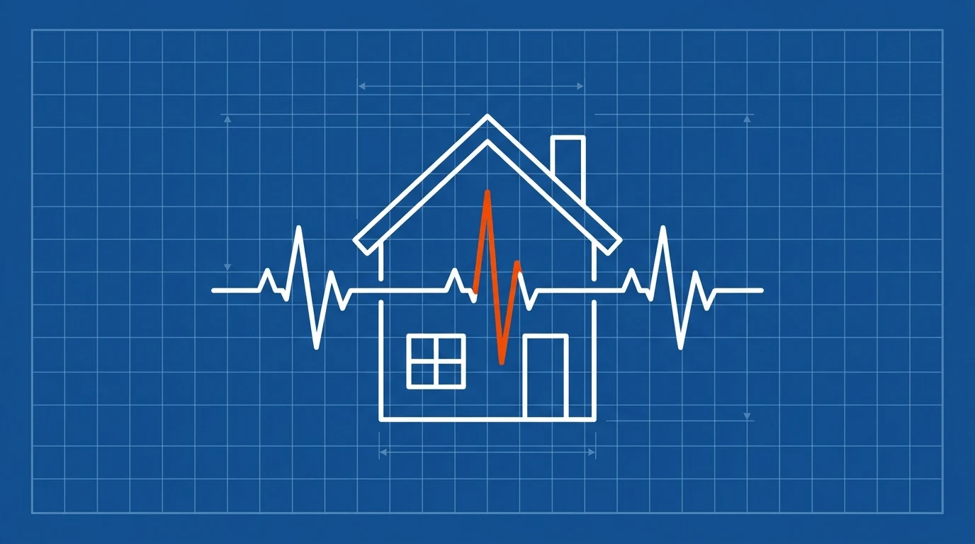 Blueprint-style illustration of a house outline with a steady pulse line running through it