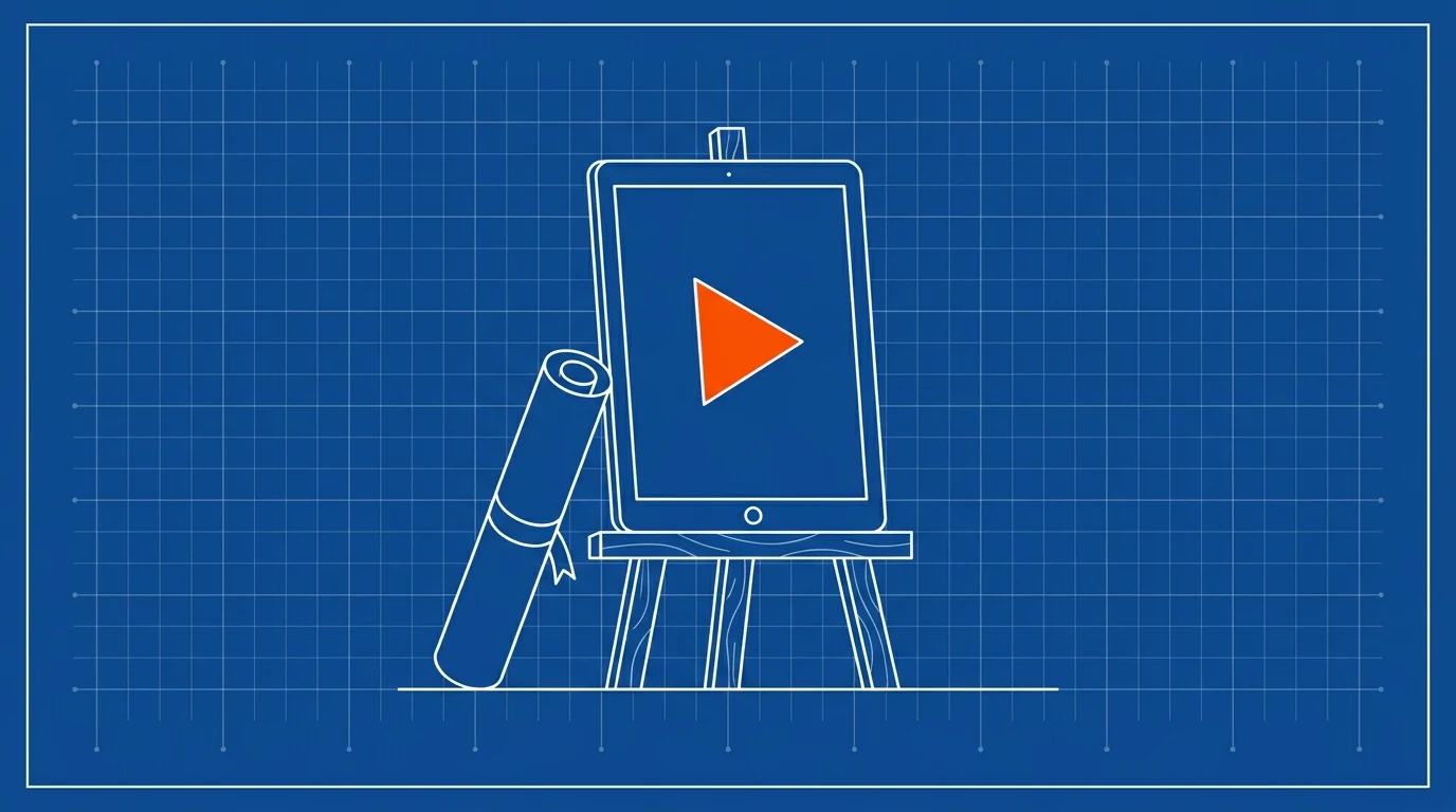 Blueprint-style illustration of a tablet on an easel showing a play button, a rolled blueprint leaning beside it