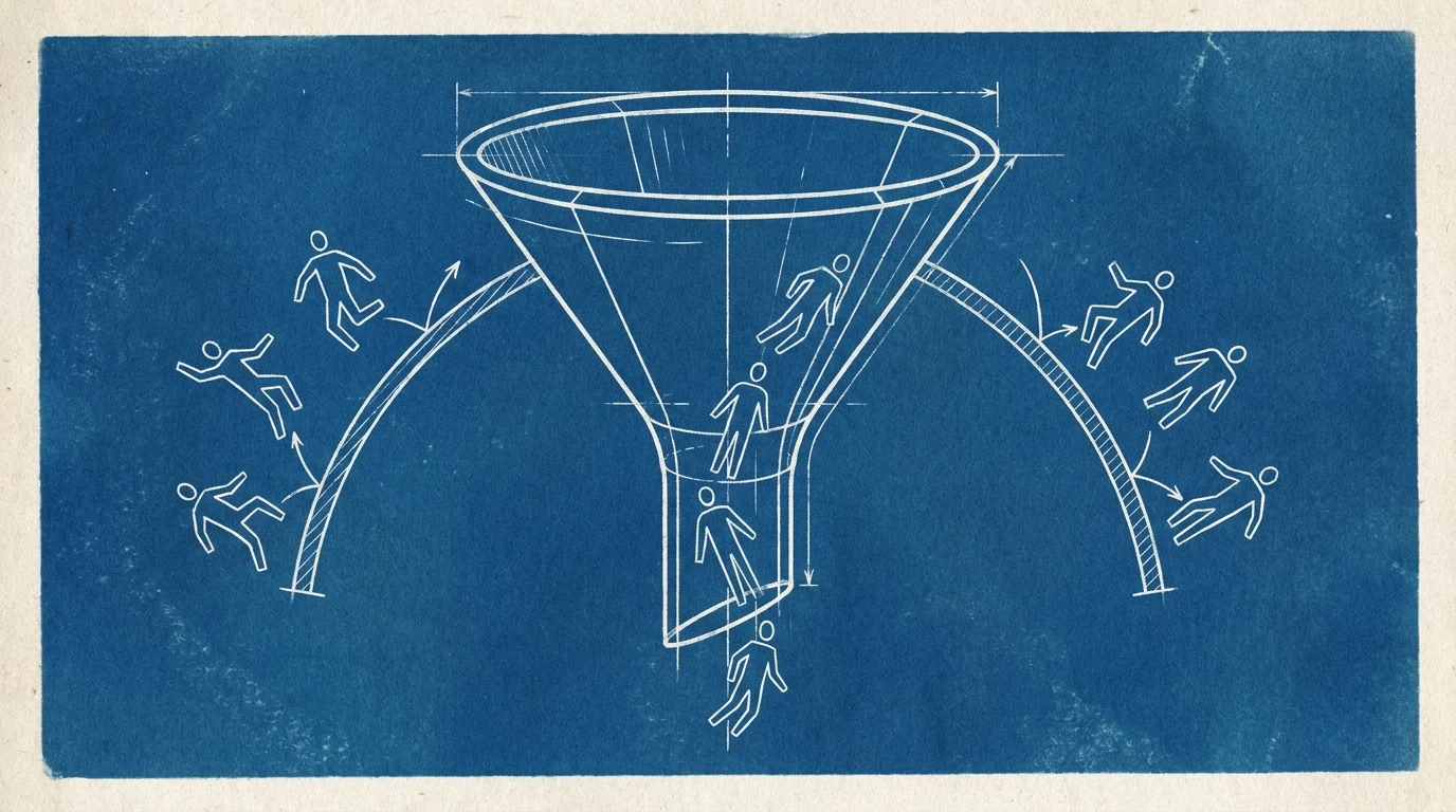 Blueprint-style illustration of a funnel with a dollar figure at the neck, unqualified figures deflecting off the sides and qualified ones passing through