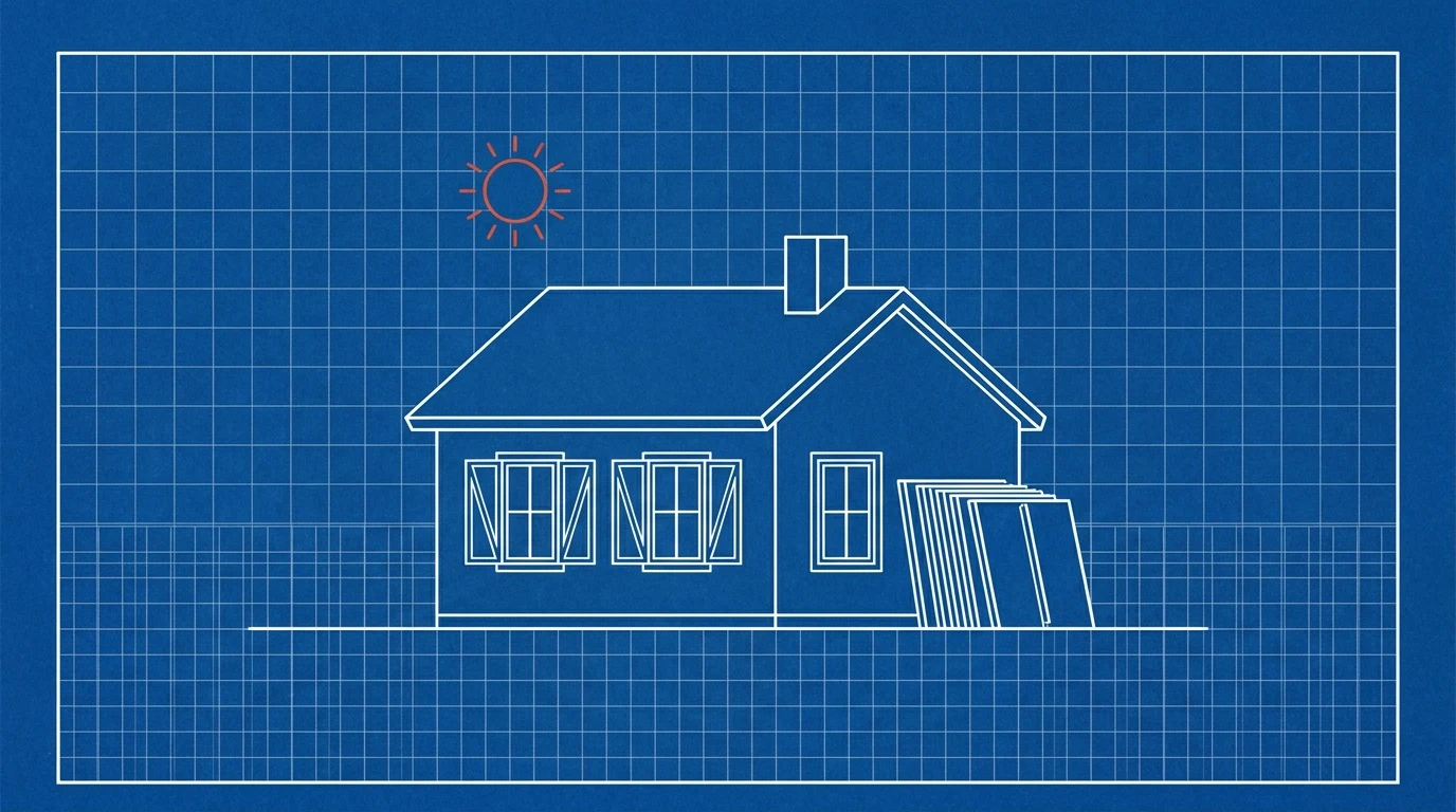 Blueprint-style illustration of a coastal house with its shutters folded open and a stack of unused storm panels leaning against the wall under a calm sun