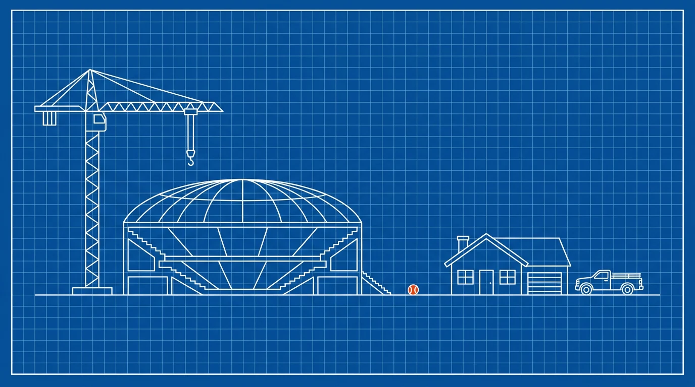 Blueprint-style illustration of a stadium under a tower crane beside a small house and pickup truck, with a baseball on the ground between them