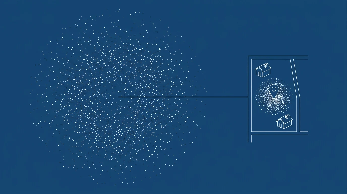 Blueprint-style illustration comparing a wide thin scatter of dots against a dense cluster inside one neighborhood boundary