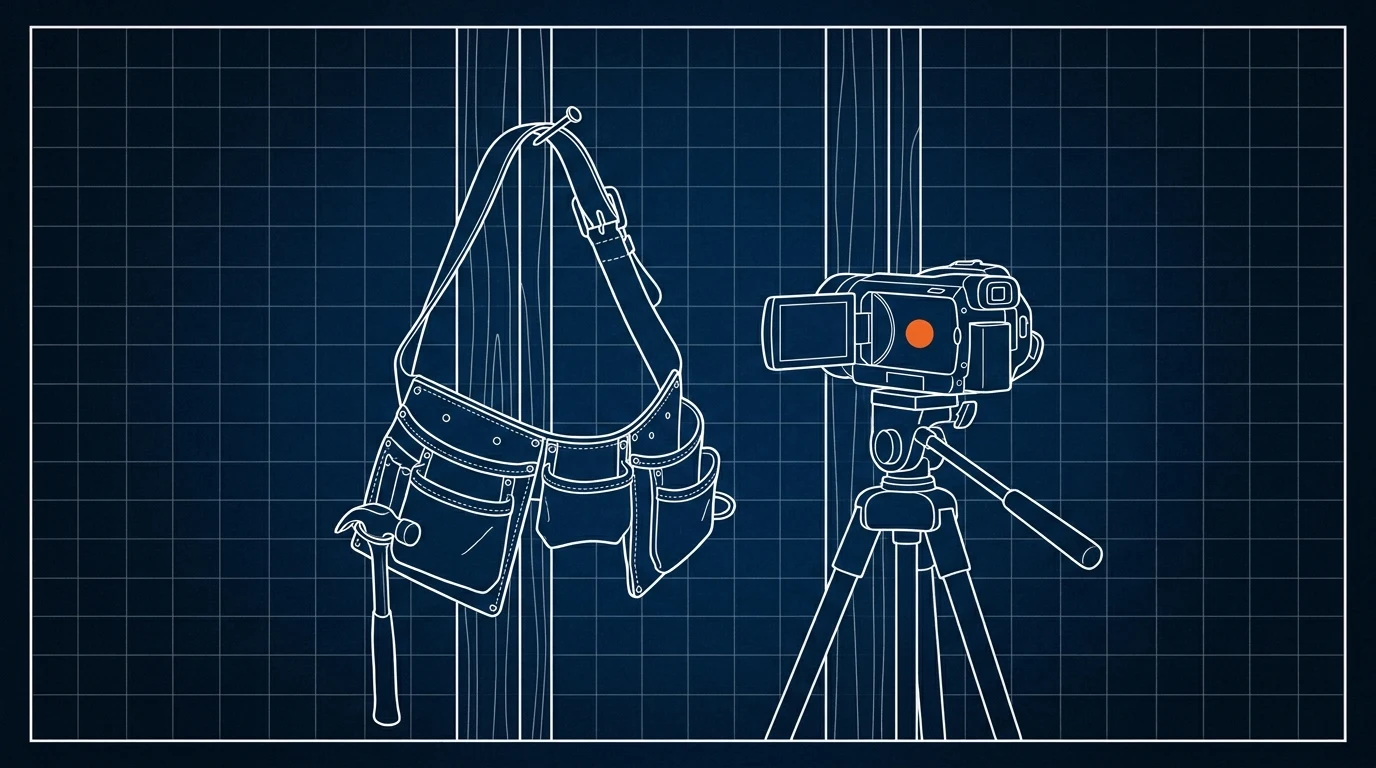 Blueprint-style illustration of a carpenter's tool belt hanging on a stud beside a camera on a tripod