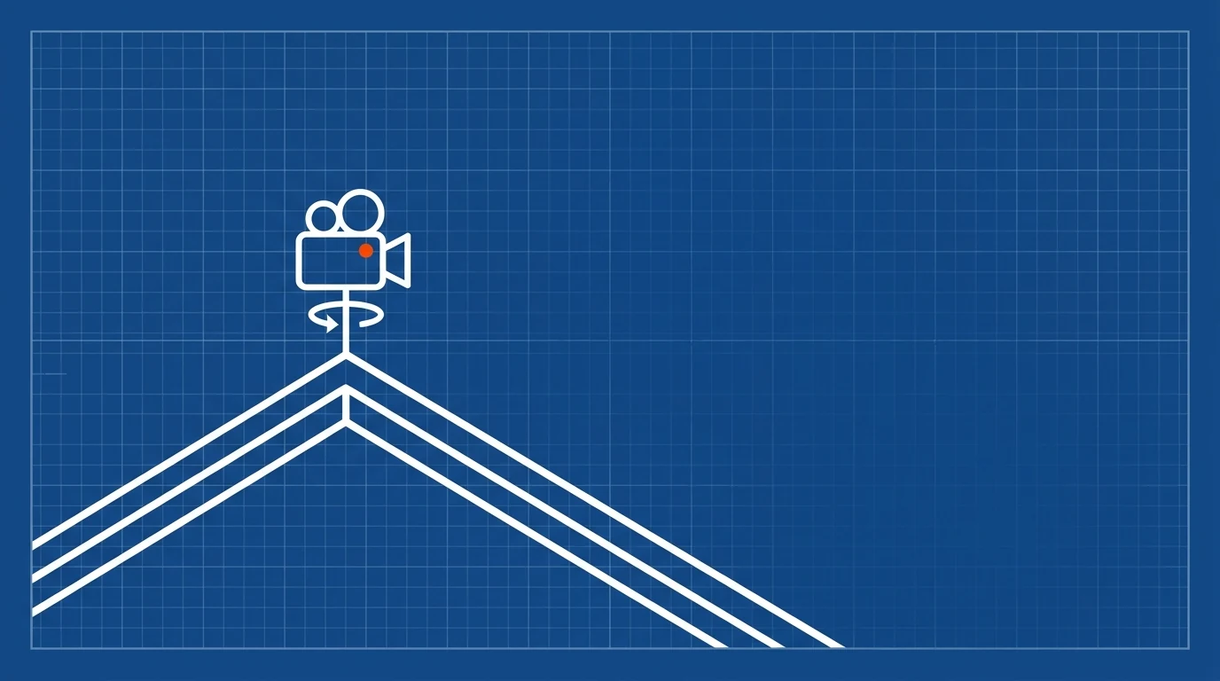 Blueprint-style illustration of a rooftop ridge with a small video camera mounted like a weathervane