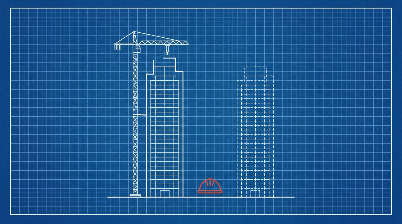 Blueprint-style illustration of a tower beside a tower crane and a second tower drawn in dashed lines, with an orange hard hat on the ground between them