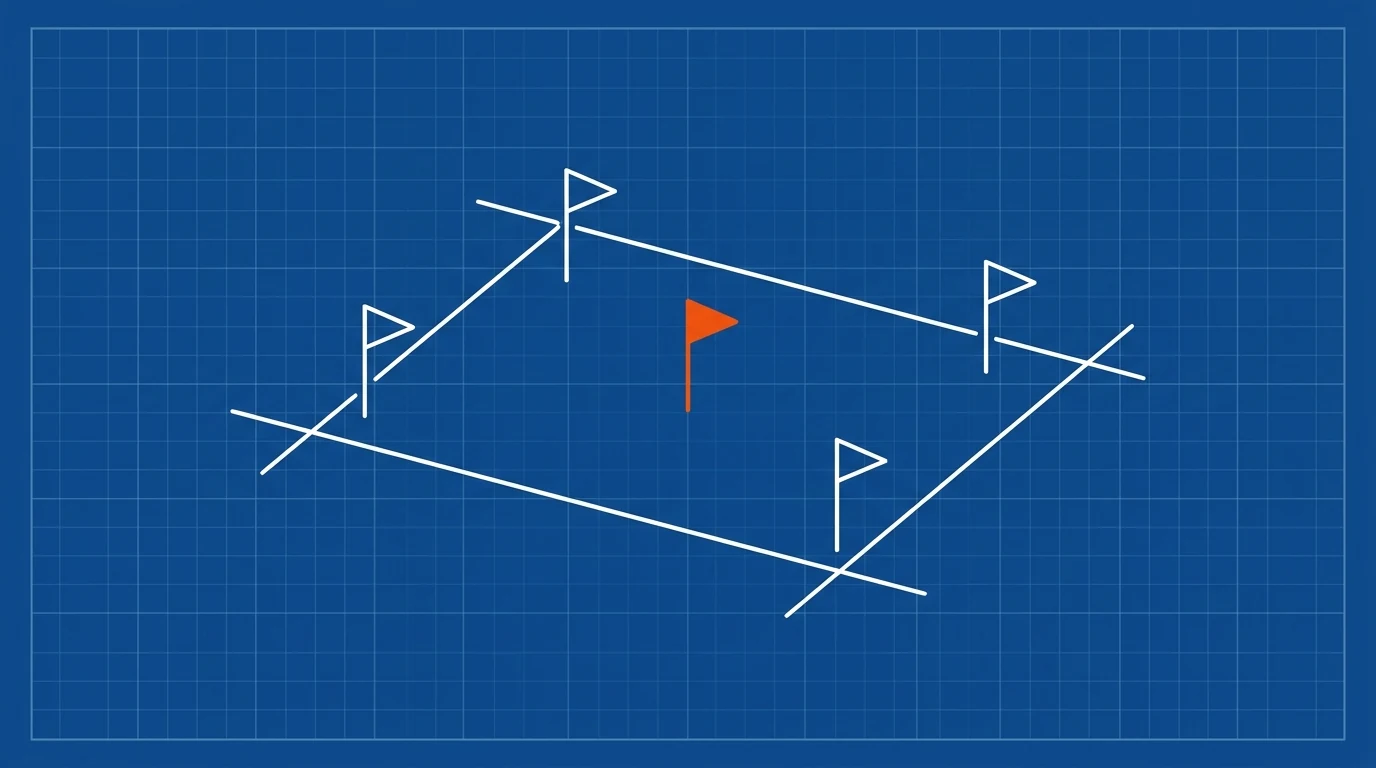 Blueprint-style illustration of five survey stakes with small flags on a plot map