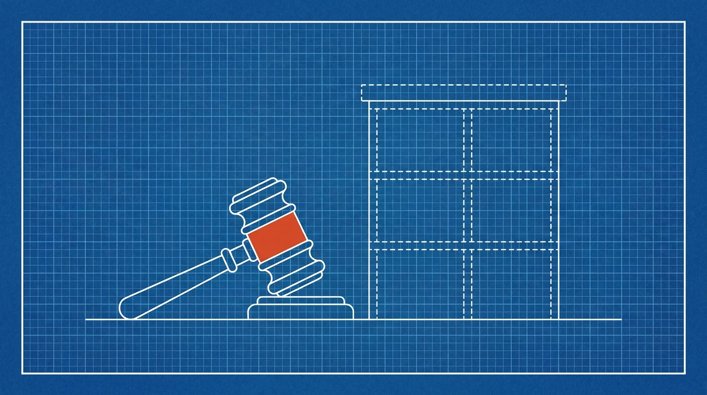 Blueprint-style illustration of a gavel beside an apartment building drawn in dashed construction lines