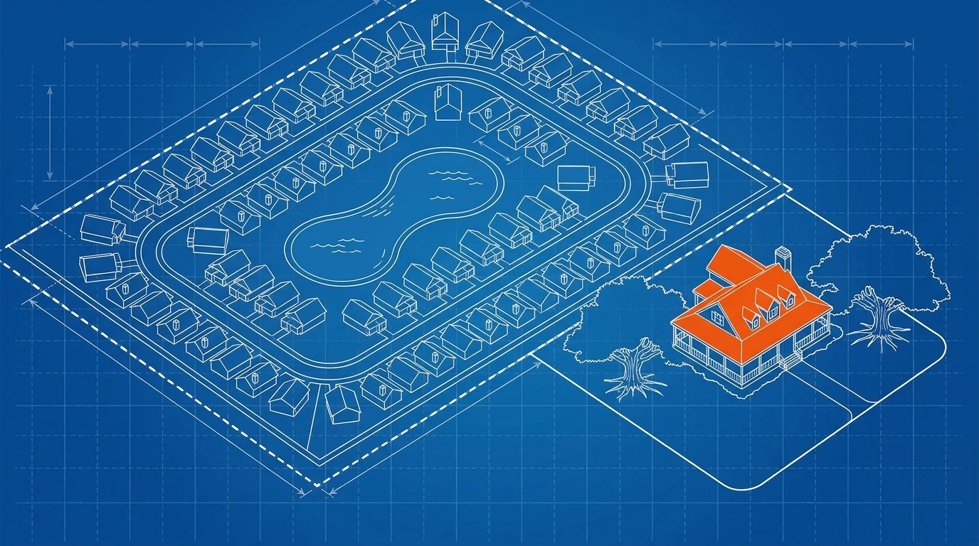 Blueprint-style illustration of a master-planned street grid and one custom home outside its boundary