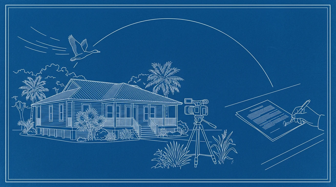 Blueprint-style illustration of a seasonal arc — a bird arriving over a coastal house, a camera on a tripod, and a pen signing a contract