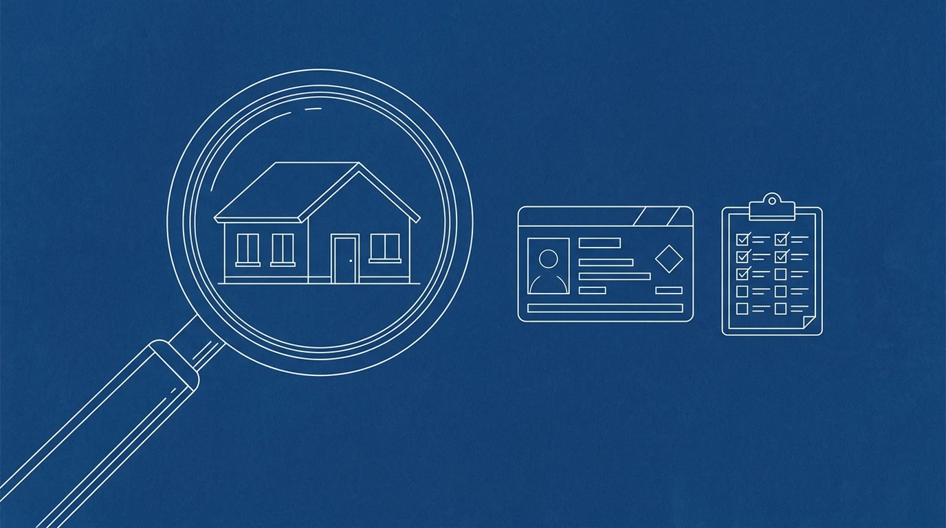 Blueprint-style illustration of a house behind a magnifying glass, a license card and checklist beside it