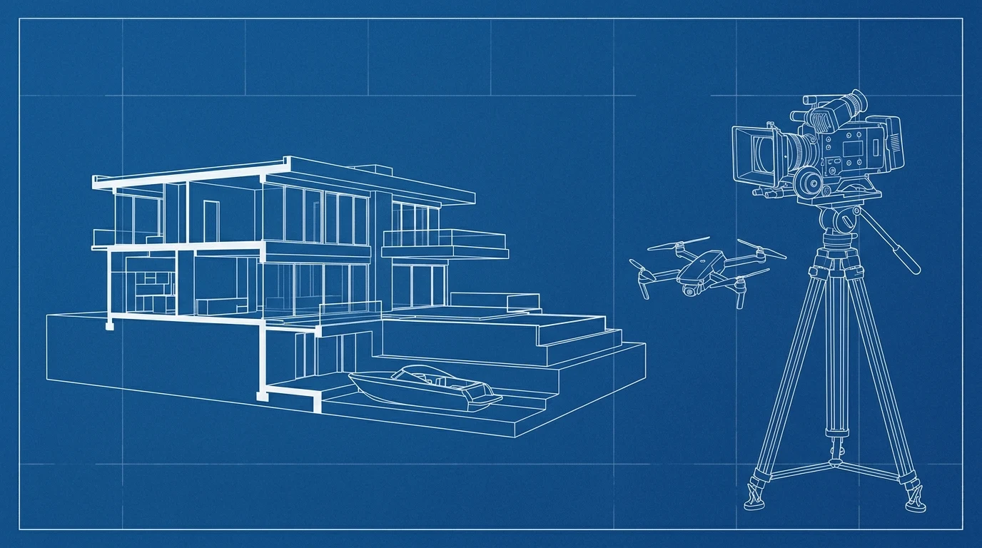 Cyanotype blueprint-style illustration of a waterfront house in cross-section beside a cinema camera and a small drone