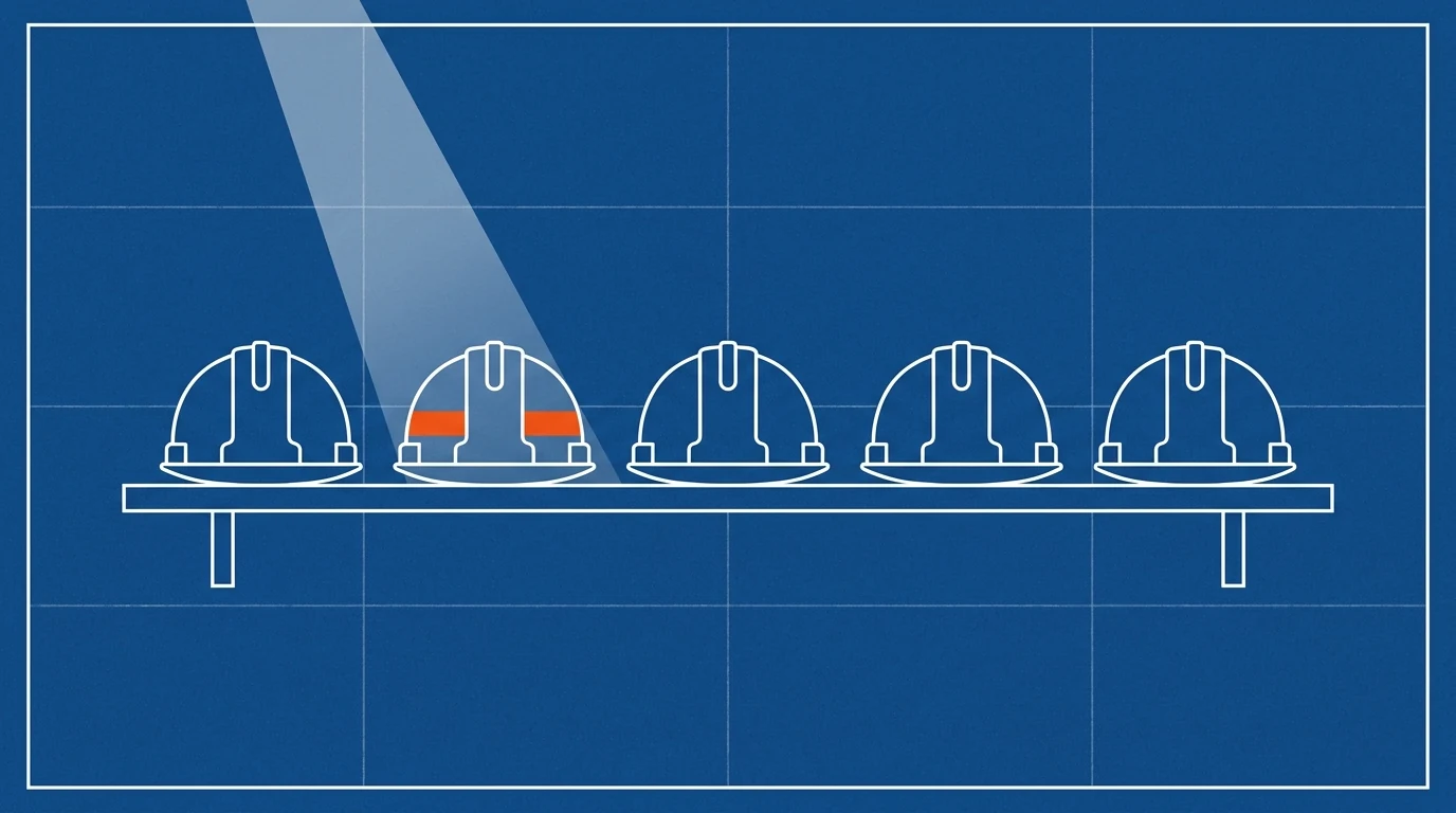 Blueprint-style illustration of a row of hard hats with a single spotlight beam on one