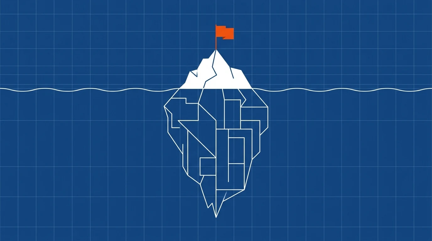 Blueprint-style illustration of an iceberg: a small tip above the waterline, a large mass below