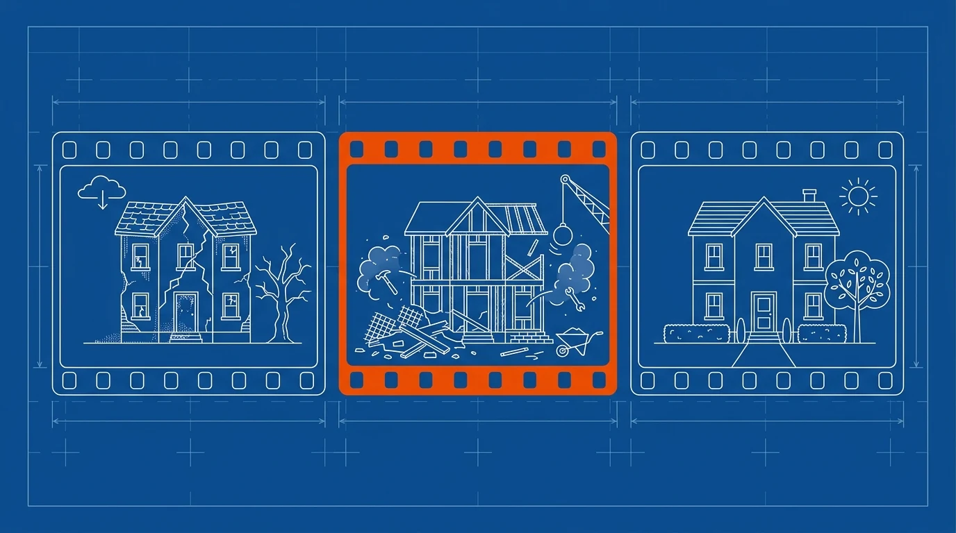 Blueprint-style illustration of three storyboard frames: tired house, demolition, finished home
