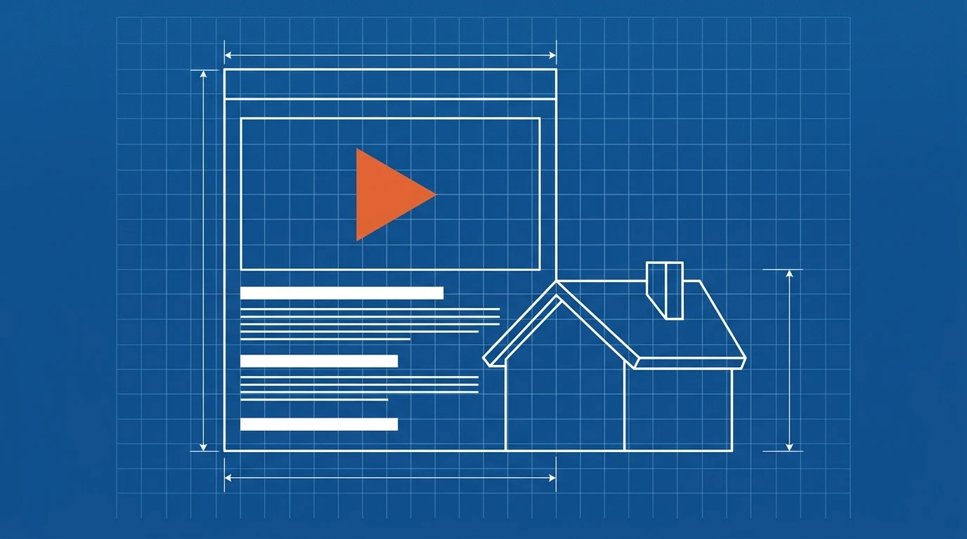 Blueprint-style illustration of a webpage wireframe with a play button above blocks of body copy, beside a small house